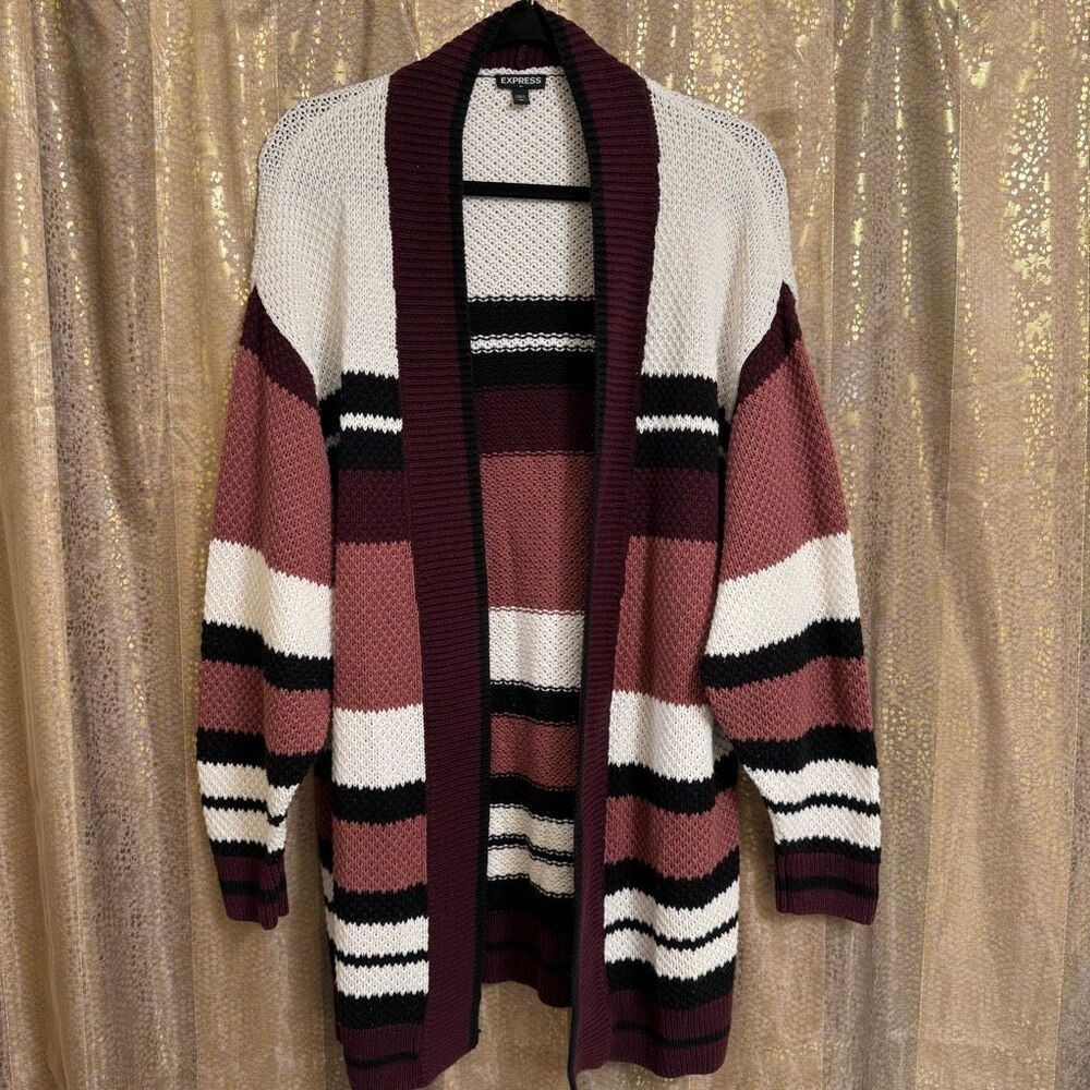 Express Chunky Fall Burgundy Ivory Black Striped Knit Cardigan Sweater Large